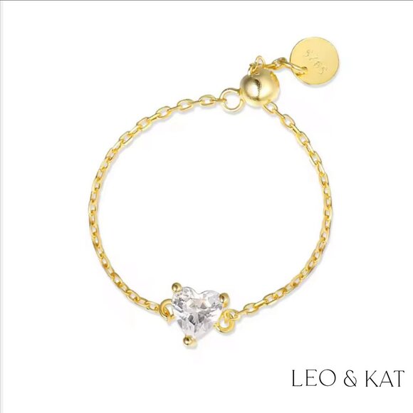 Zircon Heart Link Chain Adjustable Ring. 925 Sterling Silver. #1091 - Picture 5 of 5